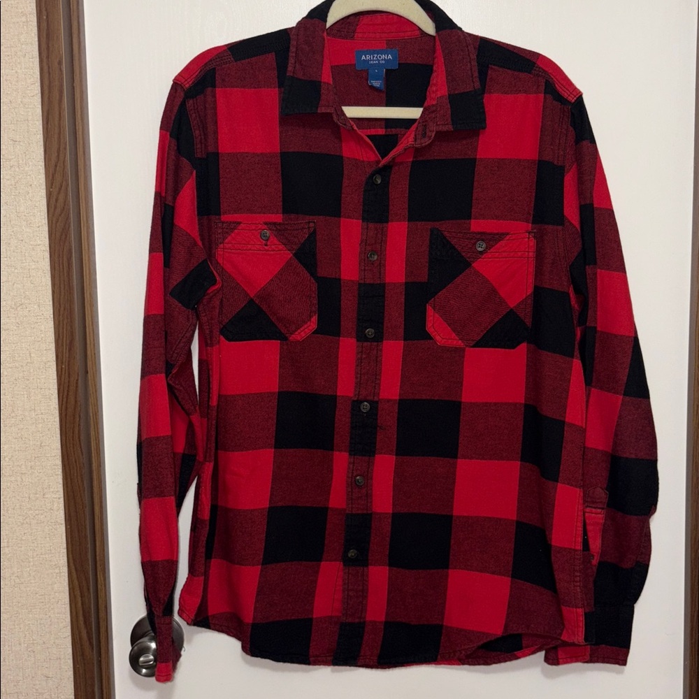 Arizona Jean Co Red Black Buffalo Plaid Flannel Shirt Large Grunge Lumberjack